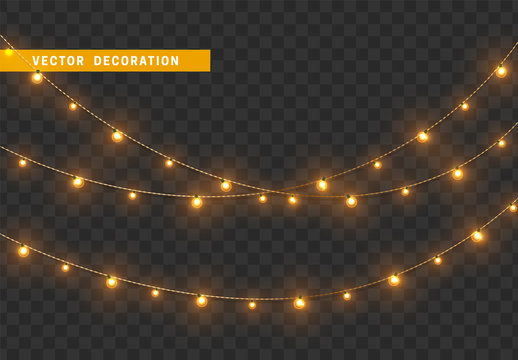 Christmas decorations, isolated on transparent background. Golden light garlands realistic set. Gold Xmas decor. Festive design element