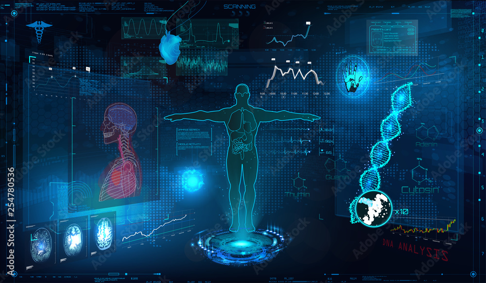 Poster medical examination hud elements set. display virtual interface (dna formula, ecg monitor, body scan