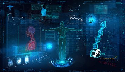 Medical examination HUD elements set. Display virtual interface (dna formula, ecg monitor, body scan, medical infographic, icons set, statistic and diagrams) Modern research of human health, vector