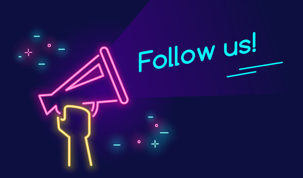Follow us banner for social networks in neon light style on dark background. Bright vector neon illustration
