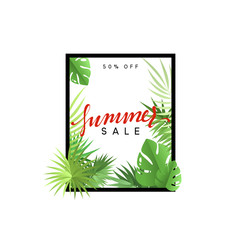 Summer design frame layout. Poster sale with palm branches. Banner with green tropical leaves.