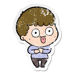 distressed sticker of a cartoon dumb kid