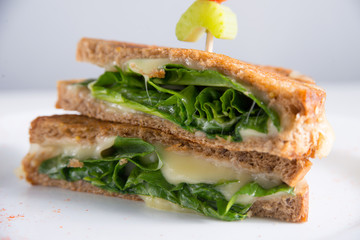 hot sandwich with mozzarella and spinach on bread and a white plate