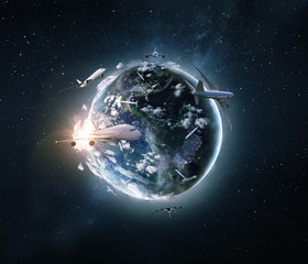 Concept of global World airplane travel. Modern and fast way of traveling. Some elements by NASA images.