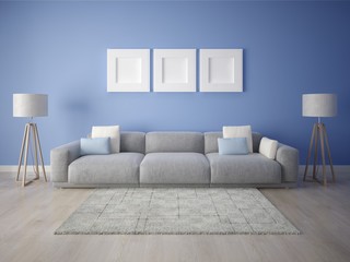 Mock up a spacious living room with a large stylish sofa and a trendy blue background.