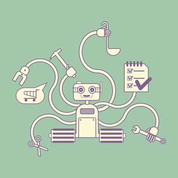 Houseworker robot with several hands 