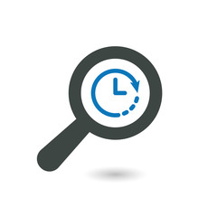 Find icon with clock sign. Find icon and countdown, deadline, schedule, planning symbol