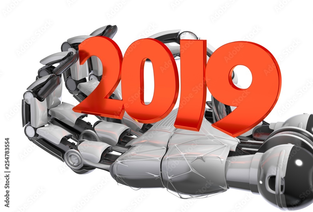 Poster 2019 and artificial intelligence concept. Machine learning and cyber mind domination concept in form of women face outline outline with circuit board and binary data flow on blue background..