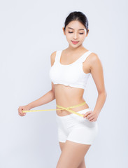 Fototapeta na wymiar beautiful portrait asian woman diet and slim with measuring waist for weight isolated on white background, girl have cellulite and calories loss with tape measure, health and wellness concept.
