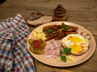 Breakfast fried eggs, bacon, potatoes