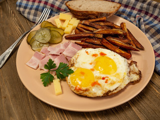 Breakfast fried eggs, bacon, potatoes