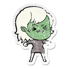 distressed sticker of a annoyed cartoon vampire girl