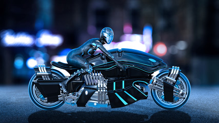 Biker girl with helmet riding a sci-fi bike, woman on black futuristic motorcycle in night city street, side view, 3D rendering - 254785105