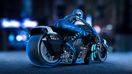 Biker girl with helmet riding a sci-fi bike, woman on black futuristic motorcycle in night city street, rear view, 3D rendering © freestyle_images