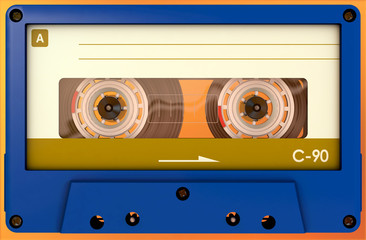 3d illustration of a side view of a transparent audio cassette with sticker and label