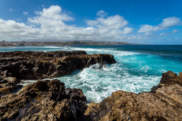 Travels. Canary archipelago. Gran Canaria. Ocean and beach in Las Palmas