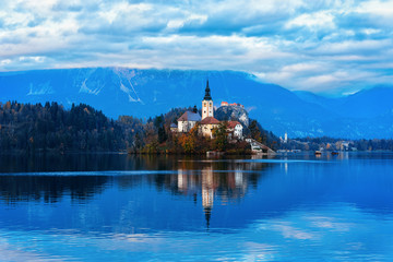 Beautiful landscape of Bled Lake with Church Castle Slovenia