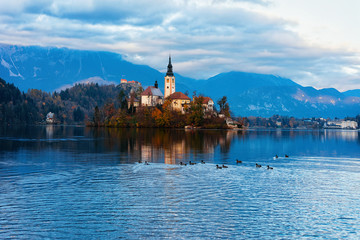 Beautiful landscape of Bled Lake with Church and Castle Slovenia