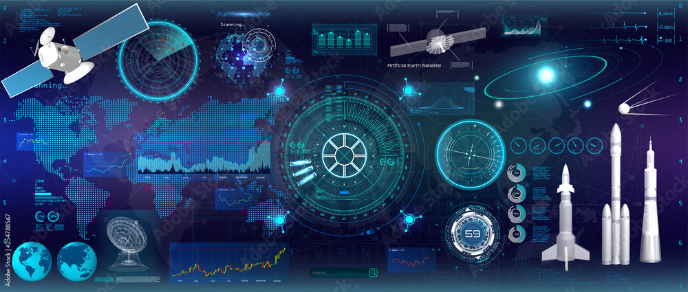 Poster Spacecraft control panel dashboard in HUD style. Head-up display elements. Template UI for app and virtual reality. Abstract virtual graphic touch. HUD inteerface elements set. Vector illustration