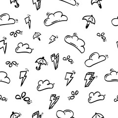 Seamless pattern Background Simple Outline Hand Draw Skecth, Cloud, Storm, Water Drop and Umbrella