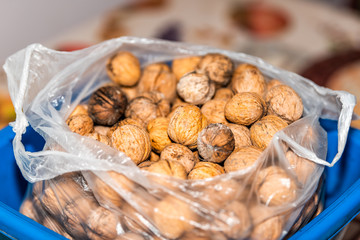 Macro closeup of many whole walnut nut unshelled brown color in shells with pile of group in plastic bag grocery shopping