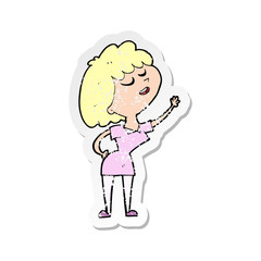 retro distressed sticker of a cartoon happy woman about to speak