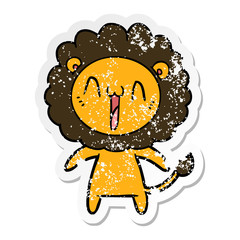 distressed sticker of a happy cartoon lion