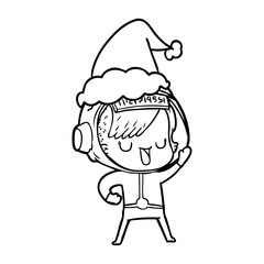 line drawing of a astronaut woman wearing santa hat