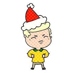 comic book style illustration of a annoyed man wearing santa hat