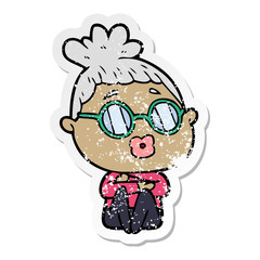 distressed sticker of a cartoon sitting woman wearing spectacles