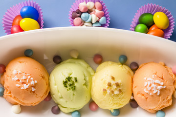 Colorful Ice cream with candies.