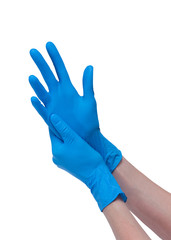 Hands in blue doctor medical latex gloves isolated white background