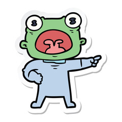sticker of a cartoon weird alien shouting
