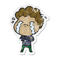 distressed sticker of a cartoon man crying