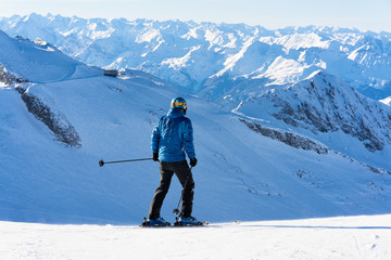 Fototapeta na wymiar Man Skier Hintertux Glacier ski resort in Zillertal Austria