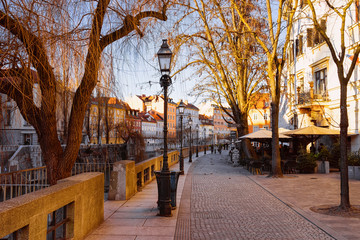 Romantic Street and cityscape Ljubljana old town Cankarjevo nabrezje