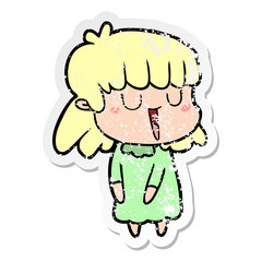 distressed sticker of a cartoon woman laughing