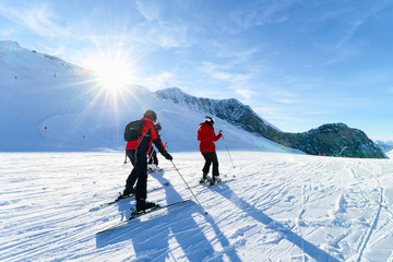 Family Skiers Hintertux Glacier ski resort in Zillertal Austria