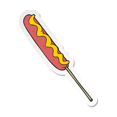 sticker of a cartoon hotdog on a stick