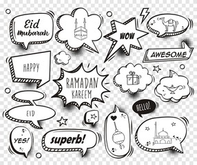 Doodle set of Eid mubarak with comic speech bubble