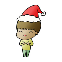 happy gradient cartoon of a boy wearing santa hat