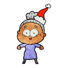 textured cartoon of a happy old woman wearing santa hat