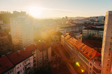 Panoramic view of city center Ljubljana Castle sunset