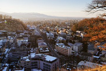 Panoramic view with Landscape at Old city Salzburg Monchsberg sunset