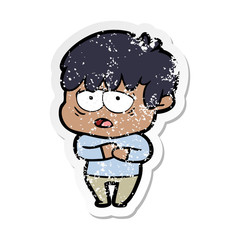 distressed sticker of a cartoon exhausted boy