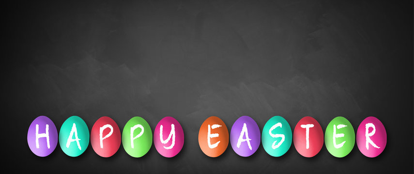 colored eggs with letters forming the word easter on a blackboard