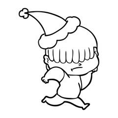line drawing of a boy with untidy hair wearing santa hat