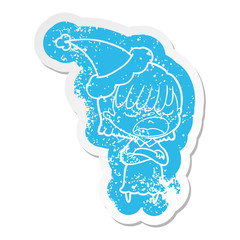 cartoon distressed sticker of a woman talking loudly wearing santa hat