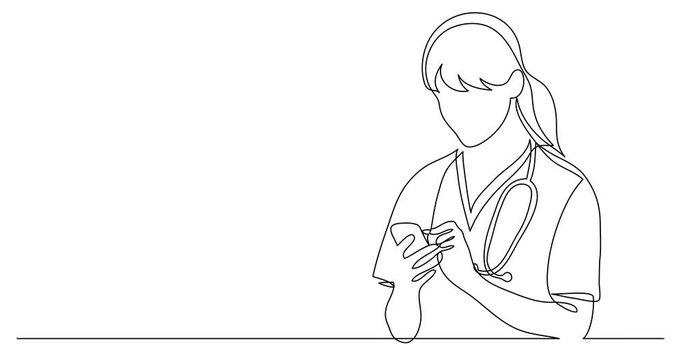 Self drawing line animation of hospital nurse checking her mobile phone
