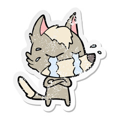 distressed sticker of a cartoon crying wolf